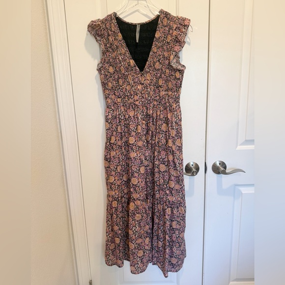 ANTHROPOLOGIE The Peregrine Midi Dress in Purple Pink Printed Smocked S Petite - Picture 4 of 11